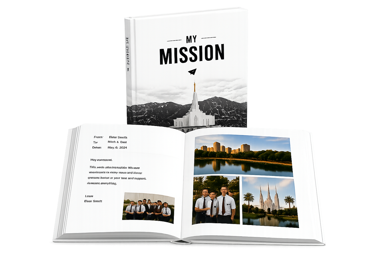 A Memory Book shown closed and open — the closed cover reads 'My Mission' over a temple photograph; the open spread shows a sample interior page with an email entry on the left and a photo collage on the right.