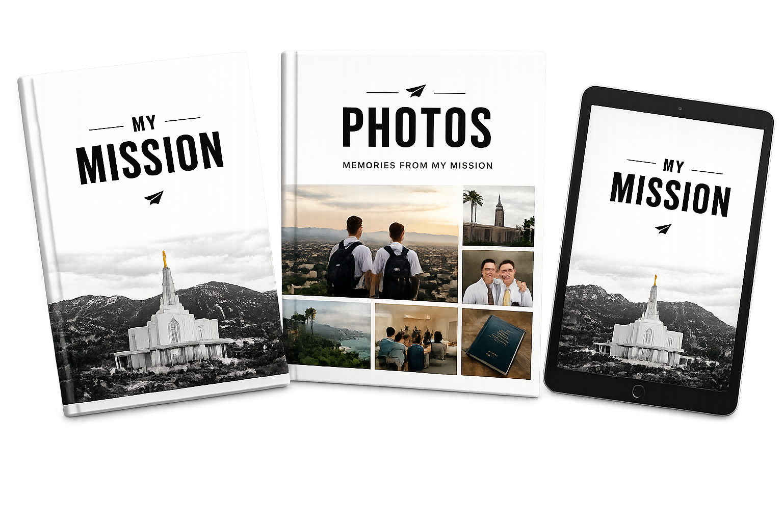 Three keepsakes side by side — a Hardcover Memory Book with a temple cover, a Photo Book titled 'Photos: Memories From My Mission' with a photo collage cover, and the Digital Memory Book shown on a tablet.
